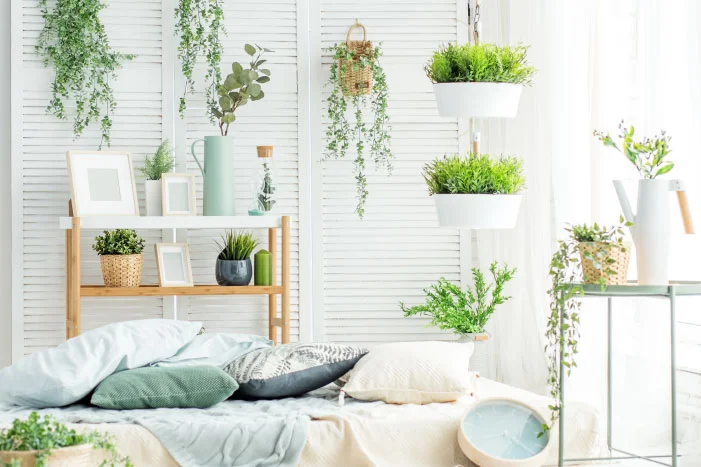 Helles Schlafzimmer mit vielen Pflanzen